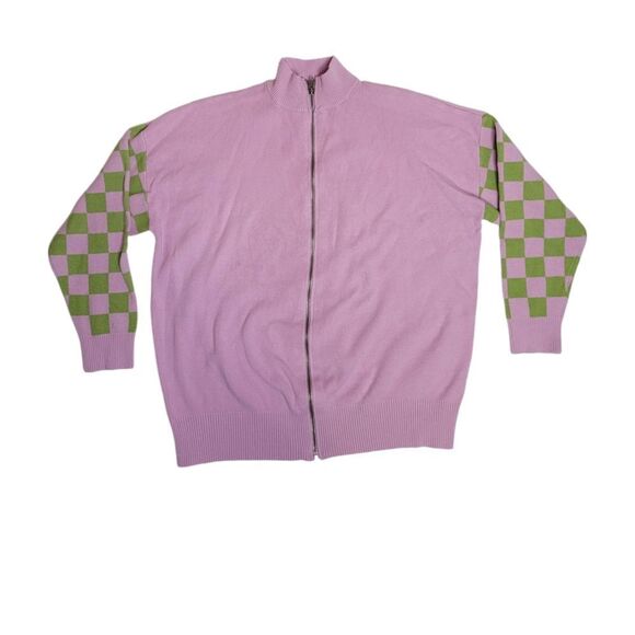 KAWAII pink and green checkered oversized‎ zip up cardigan sweater M - Picture 1 of 7
